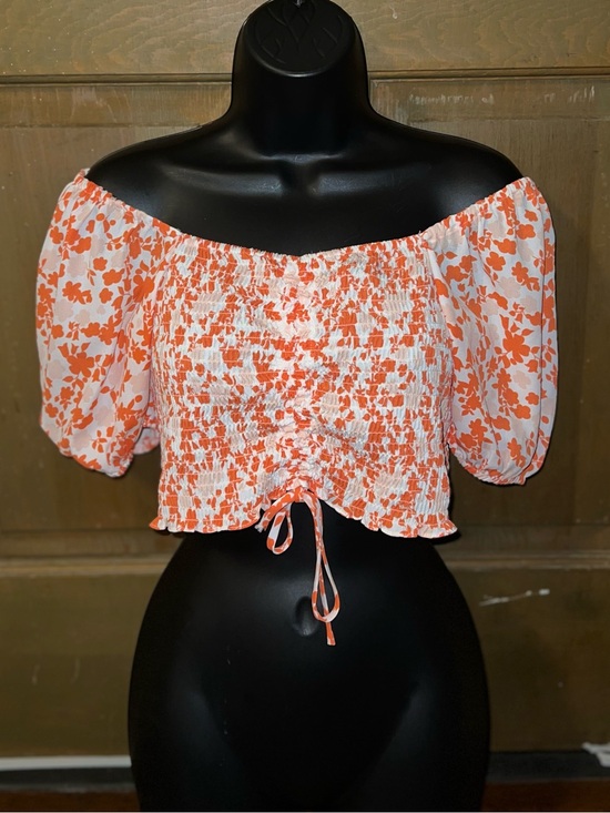 19 Cooper Tops - 19 Cooper Floral Smocked Crop Top Puff Sleeve Tie Front Orange White Size XS